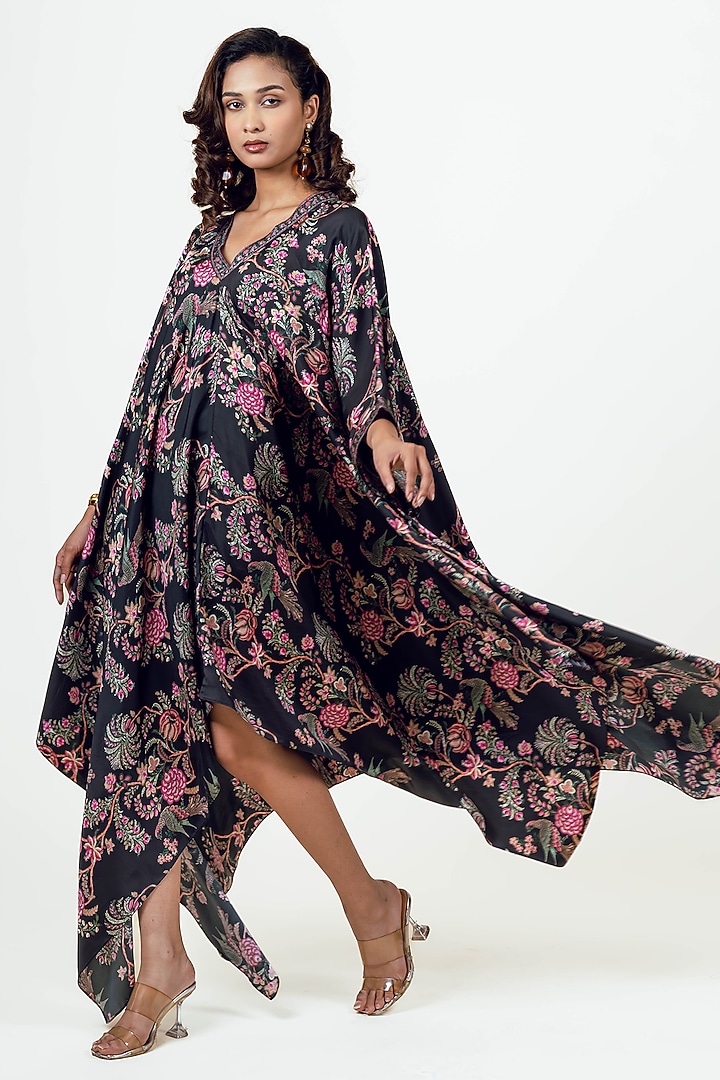 Black Twill Peacock Chitz Printed Asymmetric Midi Vacation Dress by Studio 113 at Pernia's Pop Up Shop