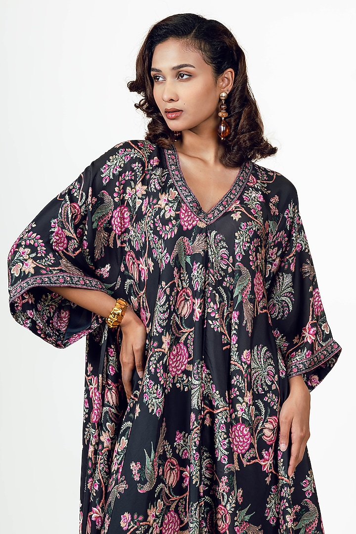 Black Twill Peacock Chitz Printed Asymmetric Midi Vacation Dress by Studio 113 at Pernia's Pop Up Shop