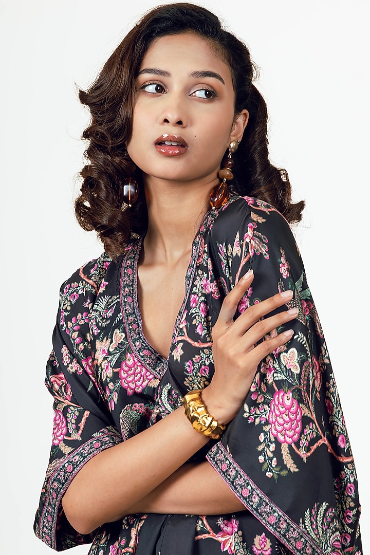 Black Twill Peacock Chitz Printed Asymmetric Midi Vacation Dress by Studio 113 at Pernia's Pop Up Shop
