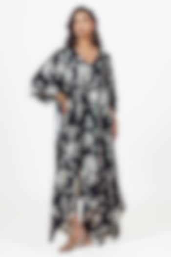 Black Twill Peacock Abstract Floral Printed Asymmetric Midi Vacation Dress by Studio 113 at Pernia's Pop Up Shop