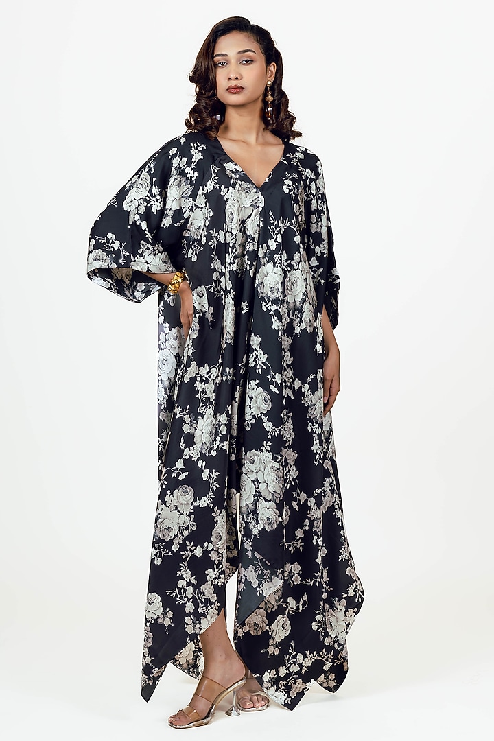 Black Twill Peacock Abstract Floral Printed Asymmetric Midi Vacation Dress by Studio 113 at Pernia's Pop Up Shop