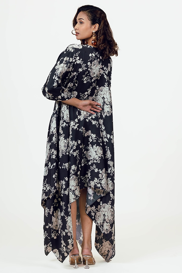 Black Twill Peacock Abstract Floral Printed Asymmetric Midi Vacation Dress by Studio 113 at Pernia's Pop Up Shop