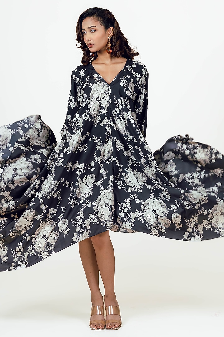 Black Twill Peacock Abstract Floral Printed Asymmetric Midi Vacation Dress by Studio 113 at Pernia's Pop Up Shop