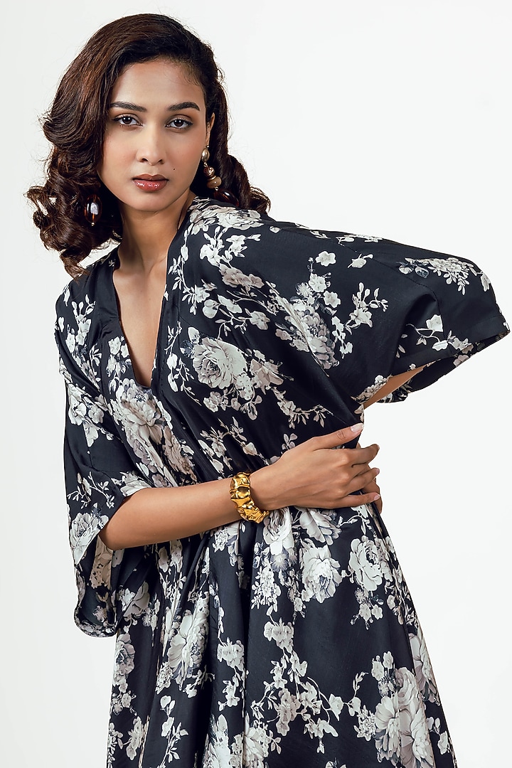 Black Twill Peacock Abstract Floral Printed Asymmetric Midi Vacation Dress by Studio 113 at Pernia's Pop Up Shop