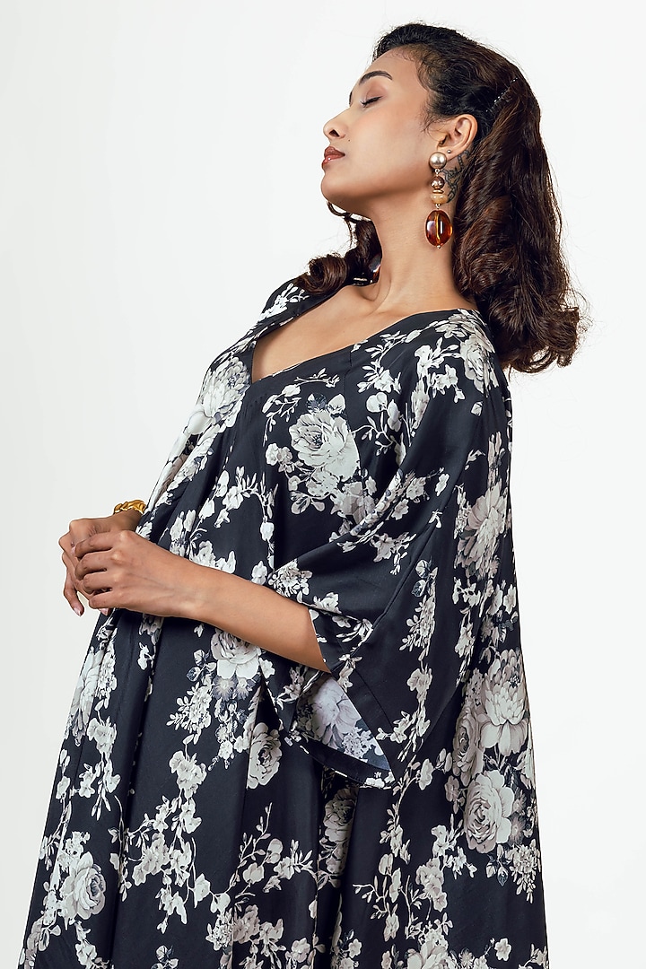 Black Twill Peacock Abstract Floral Printed Asymmetric Midi Vacation Dress by Studio 113 at Pernia's Pop Up Shop