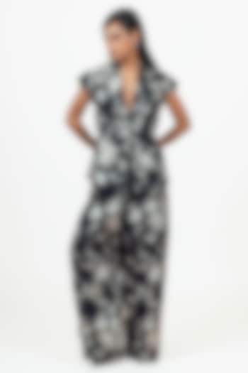 Black Habutai Silk Abstract Floral Printed Blazer Set by Studio 113 at Pernia's Pop Up Shop