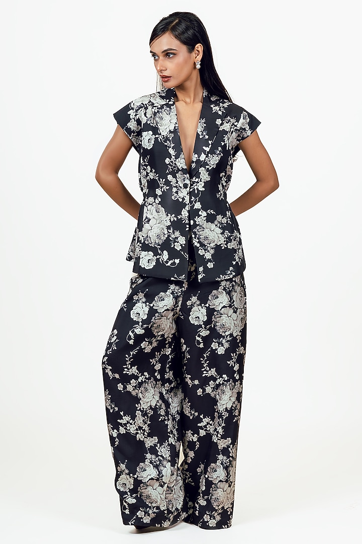 Black Habutai Silk Abstract Floral Printed Blazer Set by Studio 113 at Pernia's Pop Up Shop