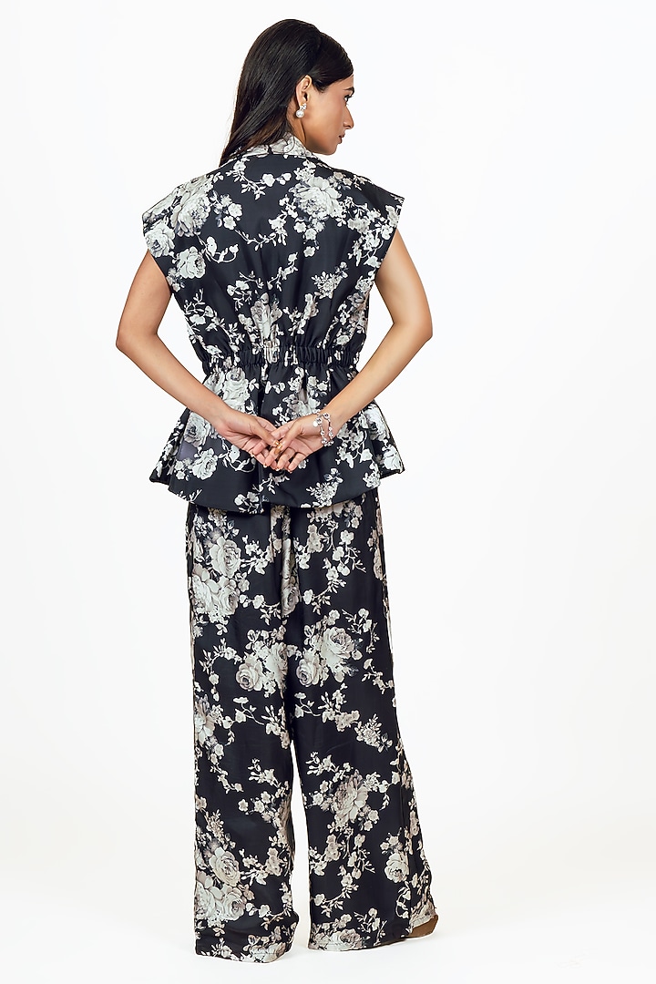 Black Habutai Silk Abstract Floral Printed Blazer Set by Studio 113 at Pernia's Pop Up Shop