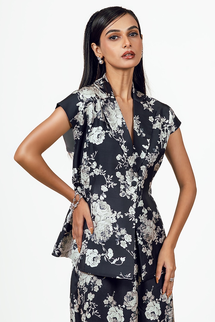 Black Habutai Silk Abstract Floral Printed Blazer Set by Studio 113 at Pernia's Pop Up Shop