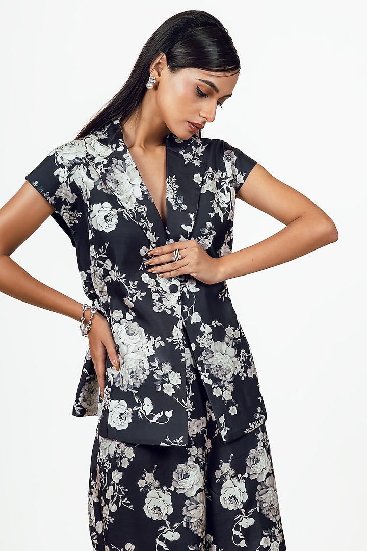Black Habutai Silk Abstract Floral Printed Blazer Set by Studio 113 at Pernia's Pop Up Shop