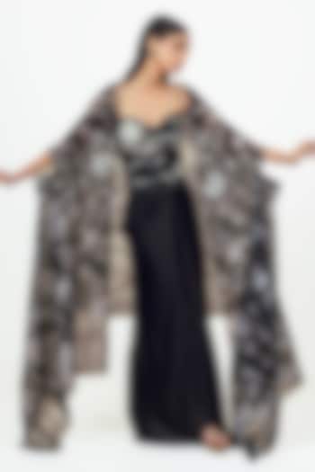 Black Satin Floral & Digital Printed Cape Set by Studio 113 at Pernia's Pop Up Shop
