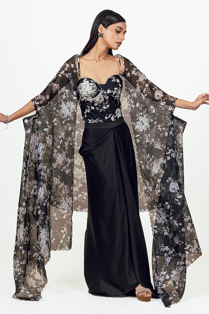 Black Satin Floral & Digital Printed Cape Set by Studio 113 at Pernia's Pop Up Shop