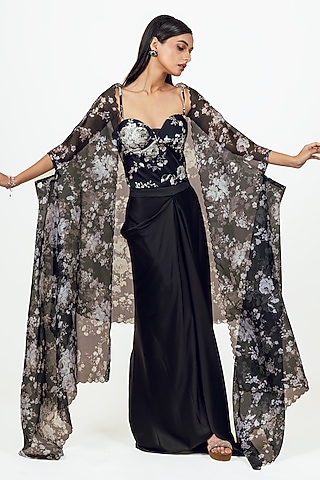 Black Satin Floral & Digital Printed Cape Set by Studio 113