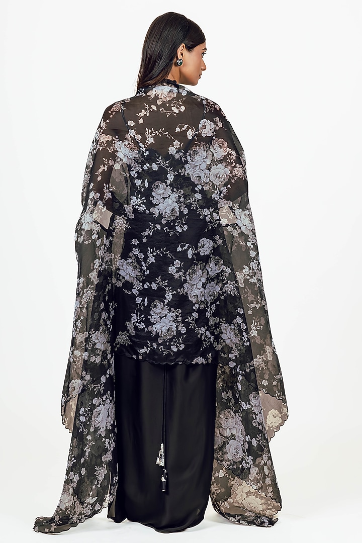 Black Satin Floral & Digital Printed Cape Set by Studio 113 at Pernia's Pop Up Shop