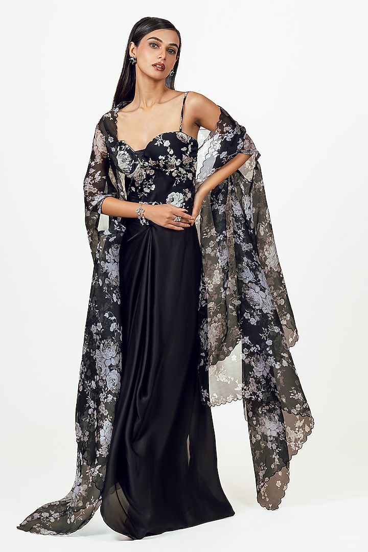 Black Satin Floral & Digital Printed Cape Set by Studio 113 at Pernia's Pop Up Shop