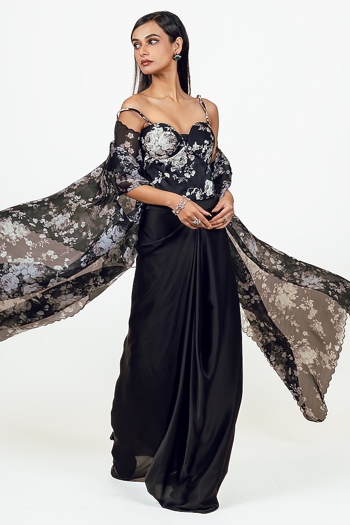 Black Satin Floral & Digital Printed Cape Set by Studio 113 at Pernia's Pop Up Shop