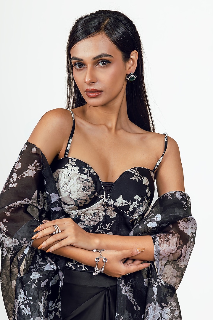 Black Satin Floral & Digital Printed Cape Set by Studio 113 at Pernia's Pop Up Shop