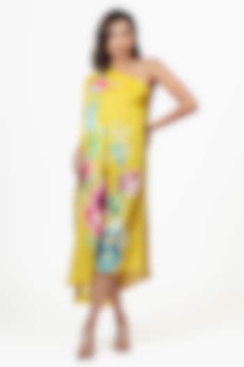 Canary Yellow Twill Abstract Floral Printed One Shoulder Vacation Dress by Studio 113 at Pernia's Pop Up Shop