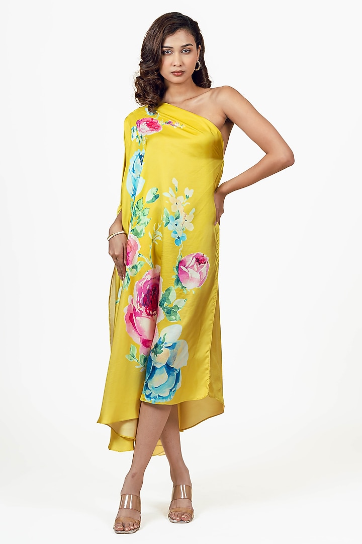 Canary Yellow Twill Abstract Floral Printed One Shoulder Vacation Dress by Studio 113 at Pernia's Pop Up Shop