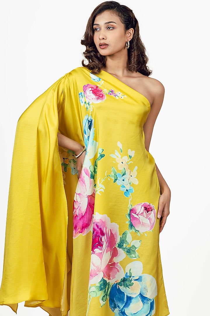 Canary Yellow Twill Abstract Floral Printed One Shoulder Vacation Dress by Studio 113 at Pernia's Pop Up Shop