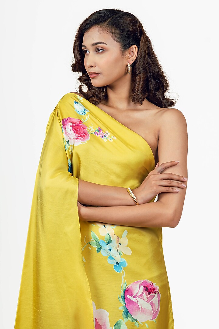 Canary Yellow Twill Abstract Floral Printed One Shoulder Vacation Dress by Studio 113 at Pernia's Pop Up Shop