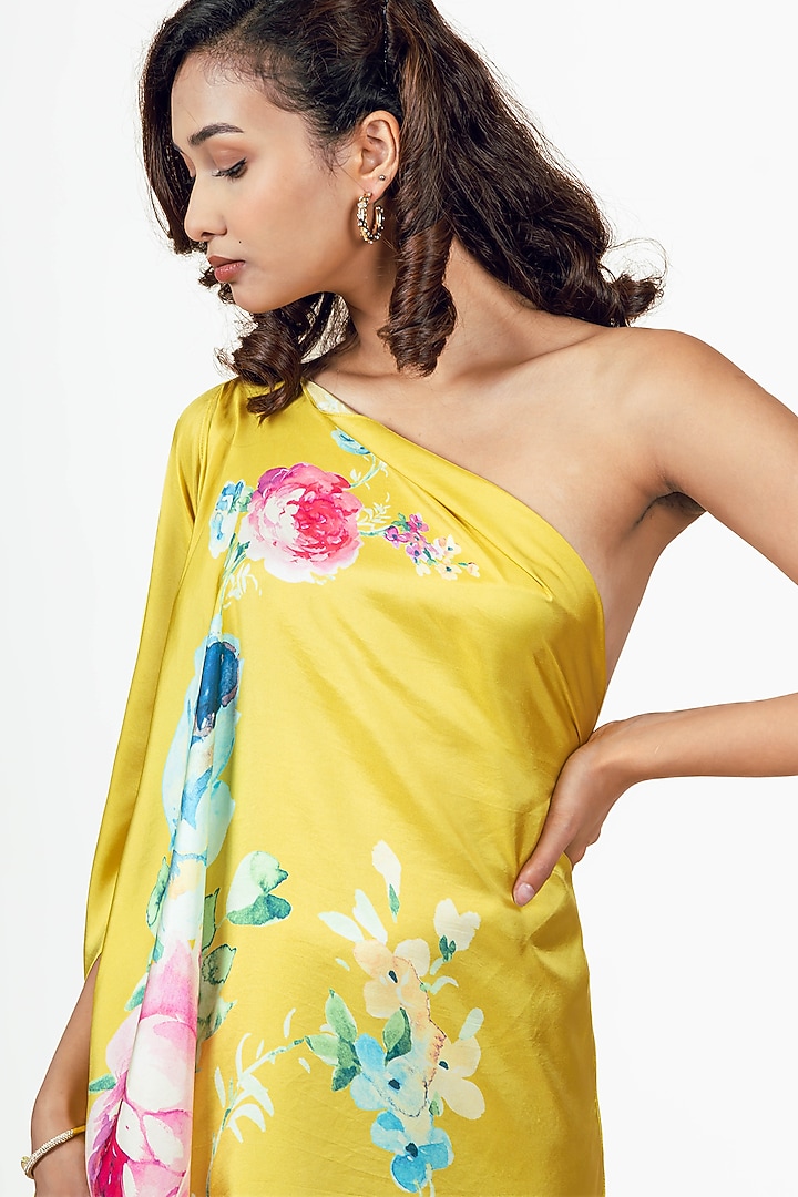 Canary Yellow Twill Abstract Floral Printed One Shoulder Vacation Dress by Studio 113 at Pernia's Pop Up Shop