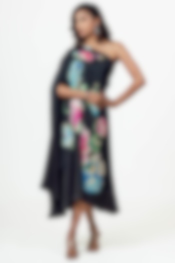 Black Twill Floral Hand-Painted One Shoulder Vacation Dress by Studio 113 at Pernia's Pop Up Shop