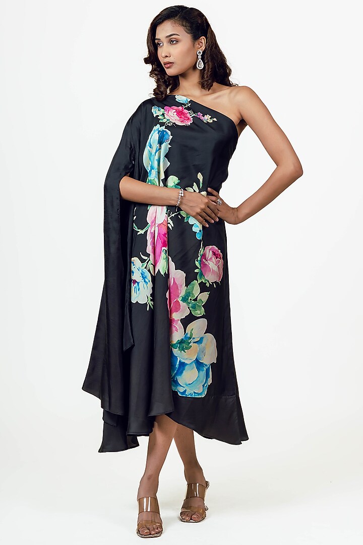 Black Twill Floral Hand-Painted One Shoulder Vacation Dress by Studio 113 at Pernia's Pop Up Shop