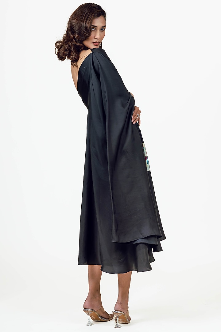 Black Twill Floral Hand-Painted One Shoulder Vacation Dress by Studio 113 at Pernia's Pop Up Shop