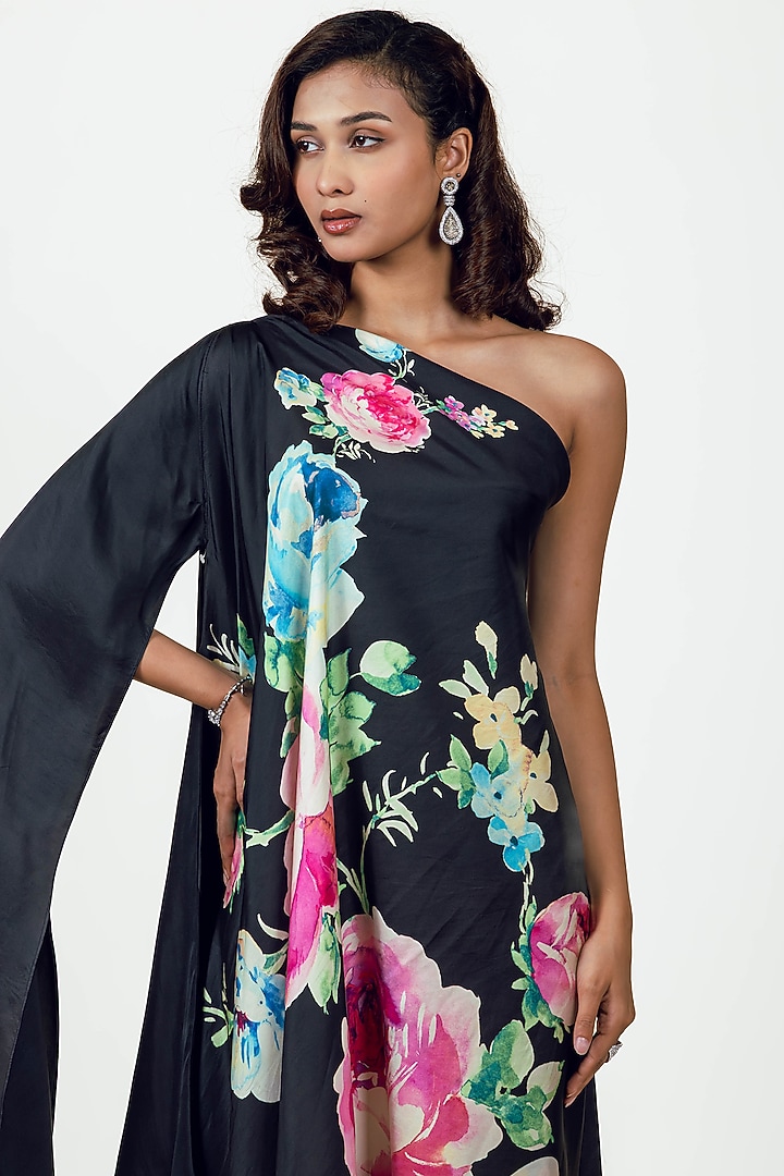Black Twill Floral Hand-Painted One Shoulder Vacation Dress by Studio 113 at Pernia's Pop Up Shop