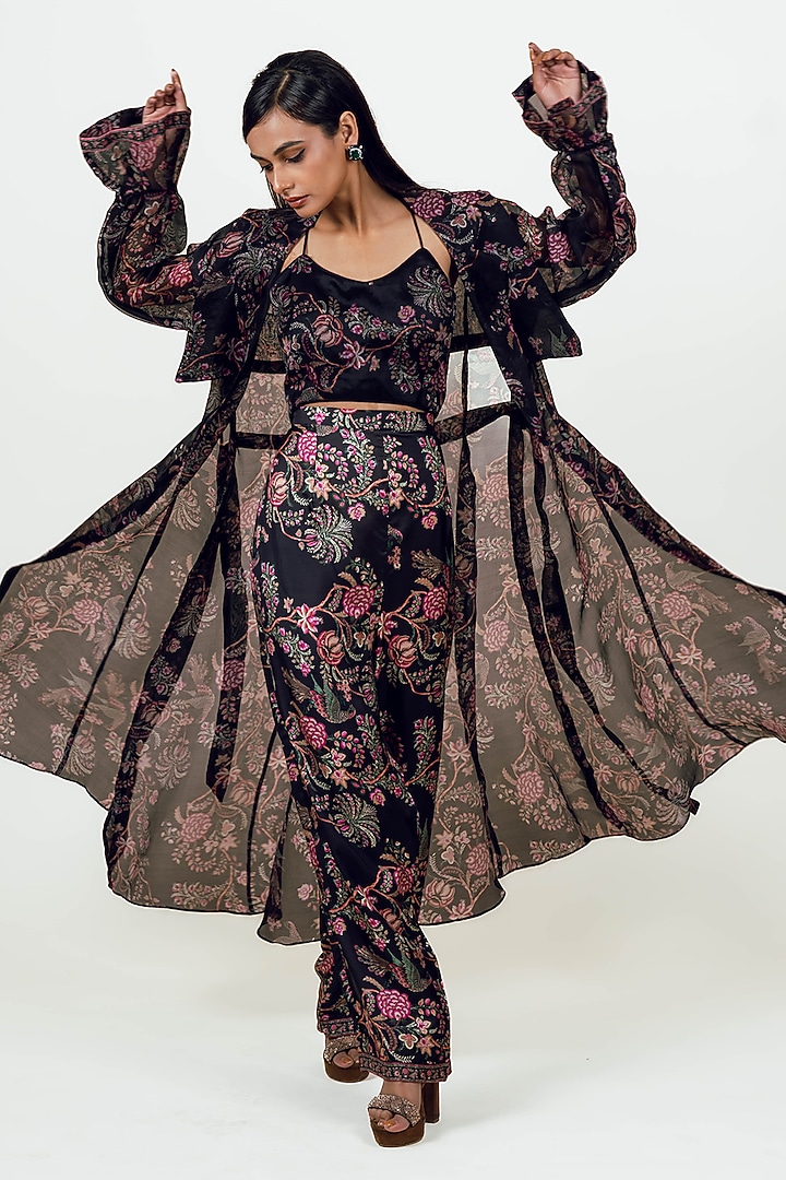 Black Georgette Printed Jacket Set by Studio 113 at Pernia's Pop Up Shop