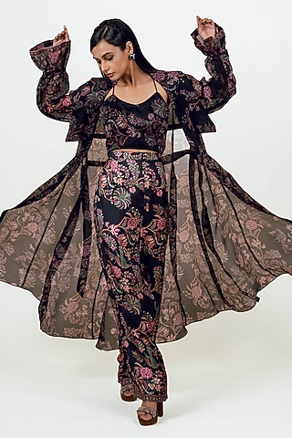 Black Georgette Printed Jacket Set by Studio 113