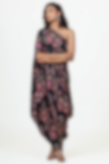 Black Twill Peacock Chintz Printed One Shoulder Cowl Vacation Dress by Studio 113 at Pernia's Pop Up Shop