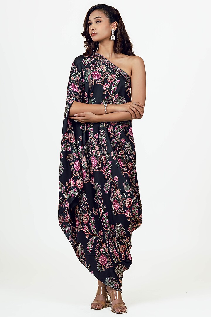 Black Twill Peacock Chintz Printed One Shoulder Cowl Vacation Dress by Studio 113 at Pernia's Pop Up Shop