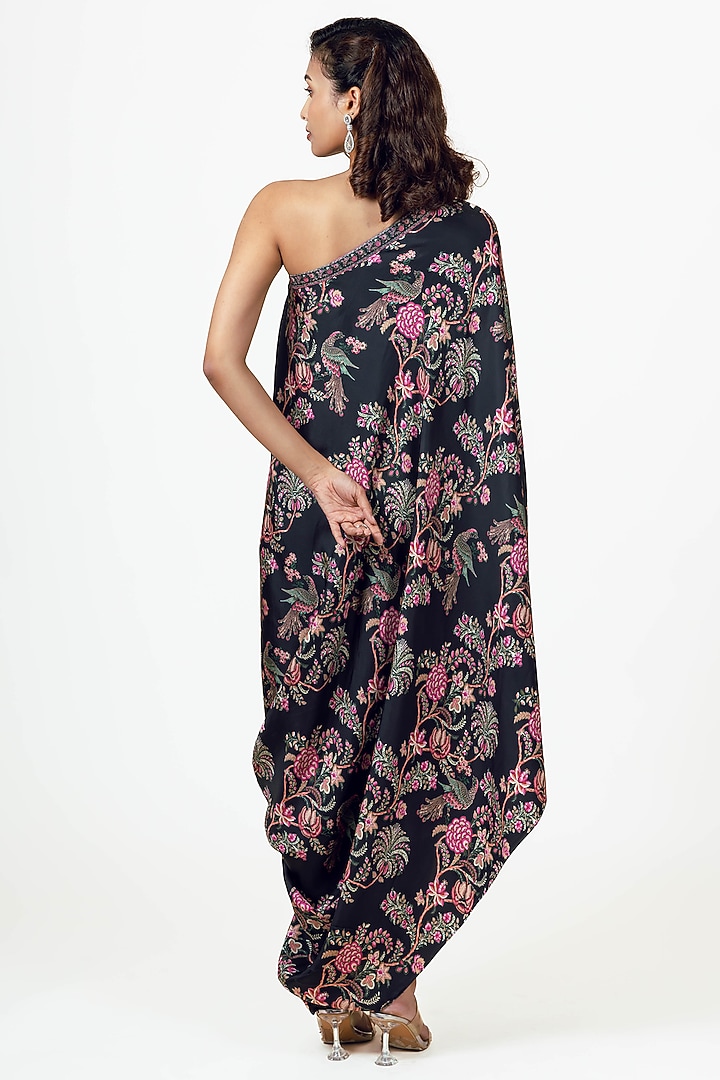 Black Twill Peacock Chintz Printed One Shoulder Cowl Vacation Dress by Studio 113 at Pernia's Pop Up Shop