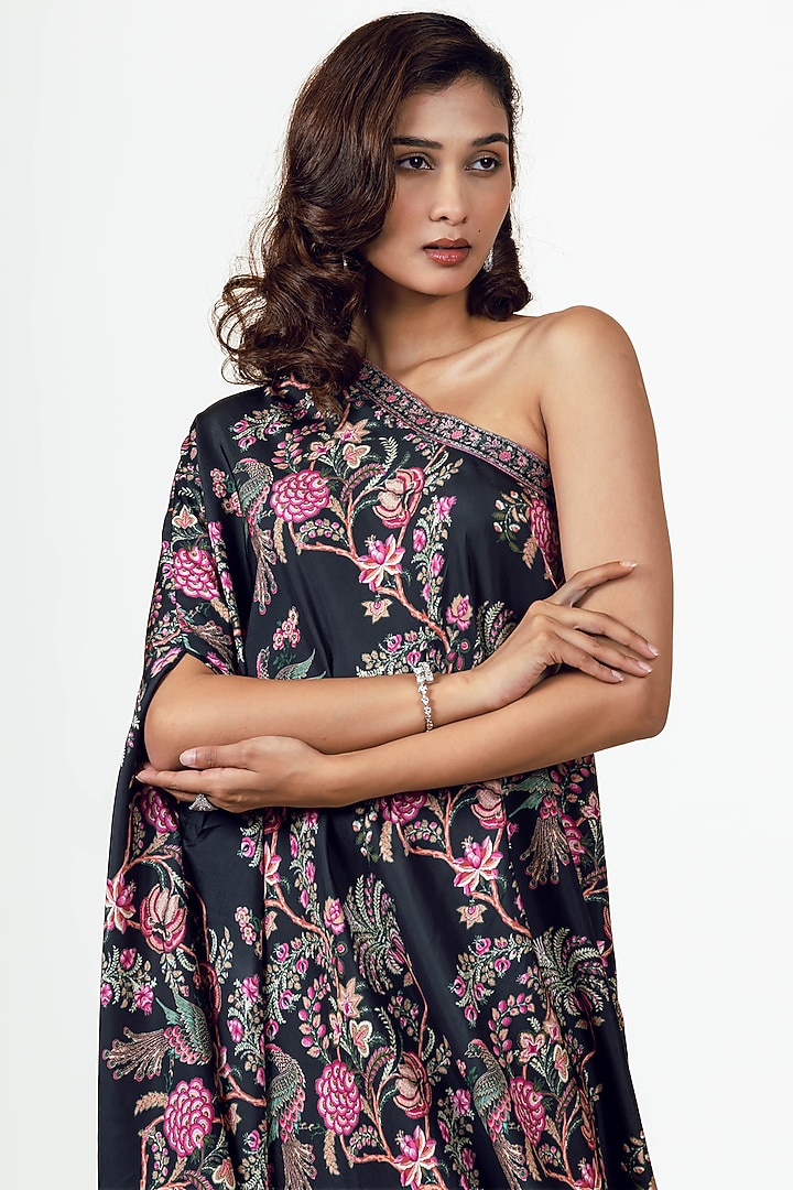 Black Twill Peacock Chintz Printed One Shoulder Cowl Vacation Dress by Studio 113 at Pernia's Pop Up Shop