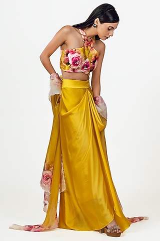Yellow Organza Floral Printed Skirt Set by Studio 113