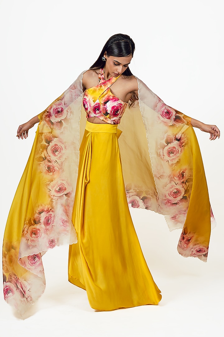 Yellow Organza Floral Printed Skirt Set by Studio 113 at Pernia's Pop Up Shop