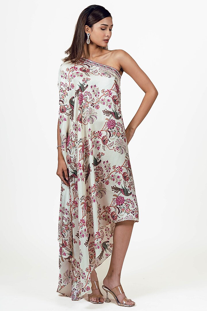 White Twill Peacock Chintz Printed One Shoulder Vacation Dress by Studio 113 at Pernia's Pop Up Shop