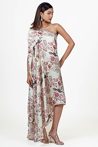 White Twill Peacock Chintz Printed One Shoulder Dress by Studio 113