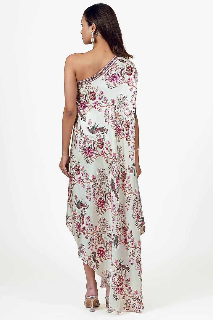 White Twill Peacock Chintz Printed One Shoulder Vacation Dress by Studio 113 at Pernia's Pop Up Shop