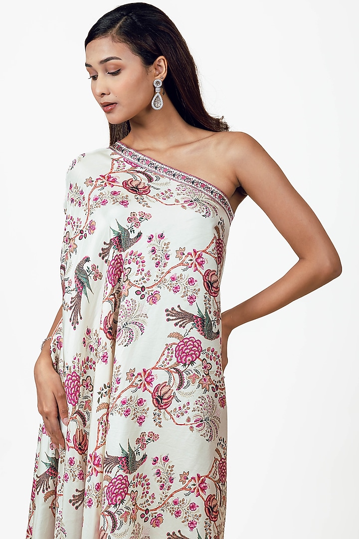 White Twill Peacock Chintz Printed One Shoulder Vacation Dress by Studio 113 at Pernia's Pop Up Shop