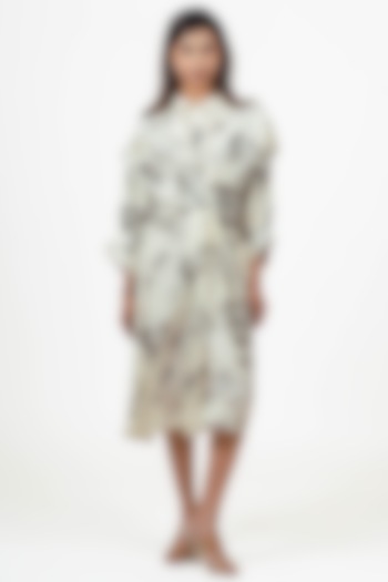 White Dupion Silk Abstract Floral Printed Midi Vacation Dress by Studio 113 at Pernia's Pop Up Shop