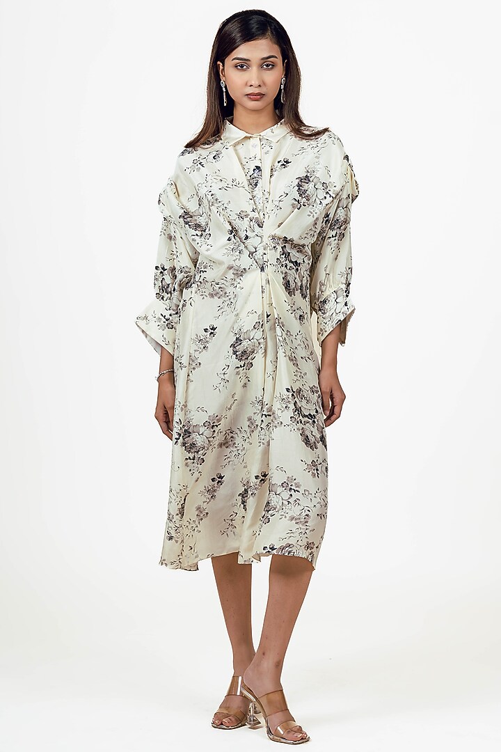 White Dupion Silk Abstract Floral Printed Midi Vacation Dress by Studio 113 at Pernia's Pop Up Shop