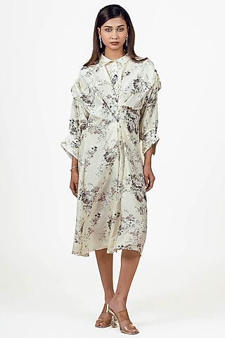 White Dupion Silk Abstract Floral Printed Midi Dress by Studio 113