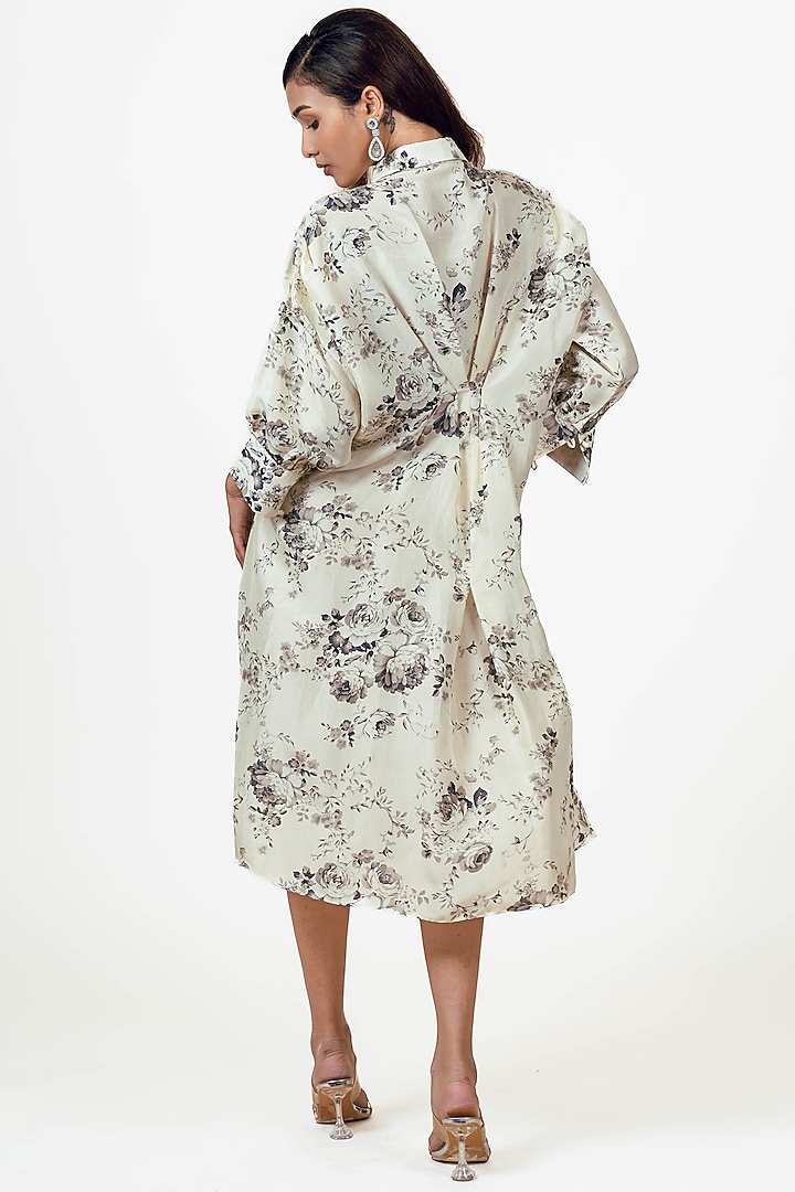 White Dupion Silk Abstract Floral Printed Midi Vacation Dress by Studio 113 at Pernia's Pop Up Shop