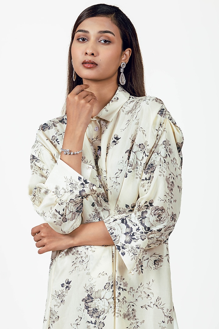 White Dupion Silk Abstract Floral Printed Midi Vacation Dress by Studio 113 at Pernia's Pop Up Shop