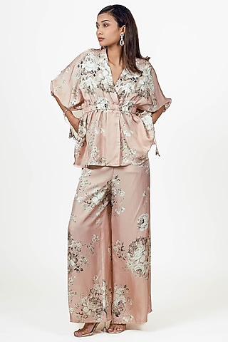 Blossom Pink Habutai Silk Abstract Floral Printed Co-Ord Set by Studio 113