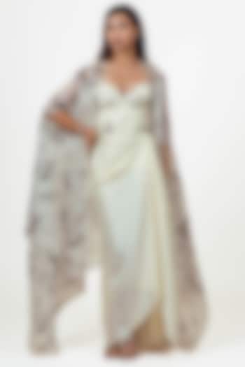 White Organza Floral Digital Printed Cape Set by Studio 113 at Pernia's Pop Up Shop