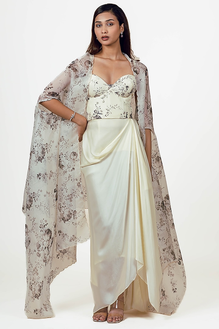 White Organza Floral Digital Printed Cape Set by Studio 113 at Pernia's Pop Up Shop